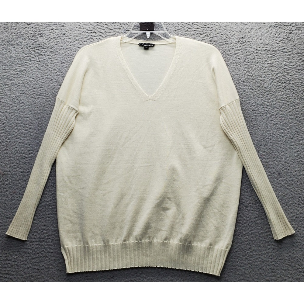 Metric Knits Sweater Womens XL Tan Ribbed Sleeve V-Neck Oversized Pullover